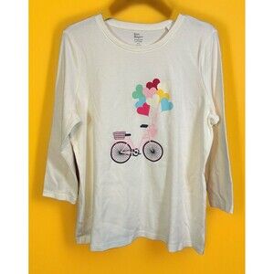 Kim Rogers Perfectly Soft 3/4 Sleeve Graphic Tee Ivory Size P/L Bike NWOT